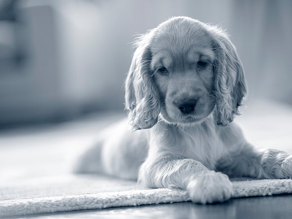 En Cocker Spaniel-valp litter på en matta.