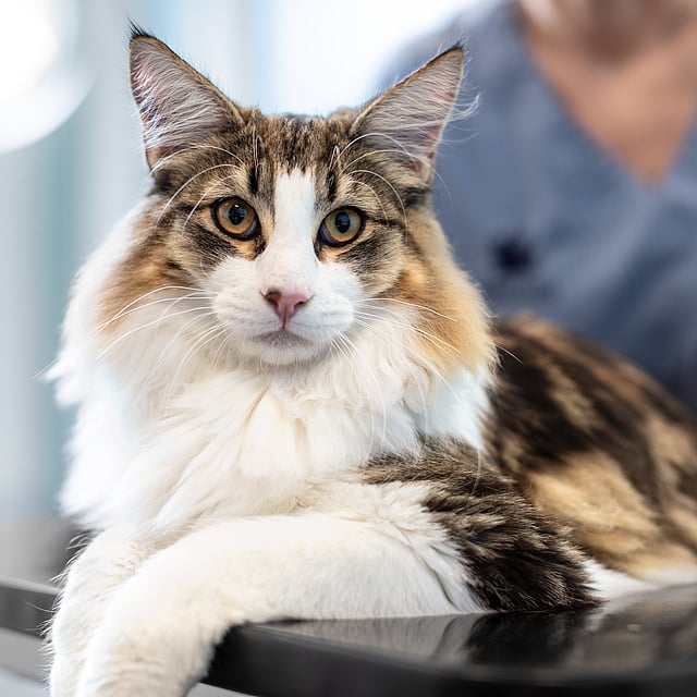 Katt ligger på undersökningsbord hos veterinären.