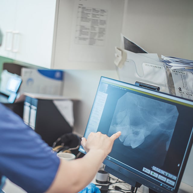 Veterinär i skyddskläder kollar på datorskärm.