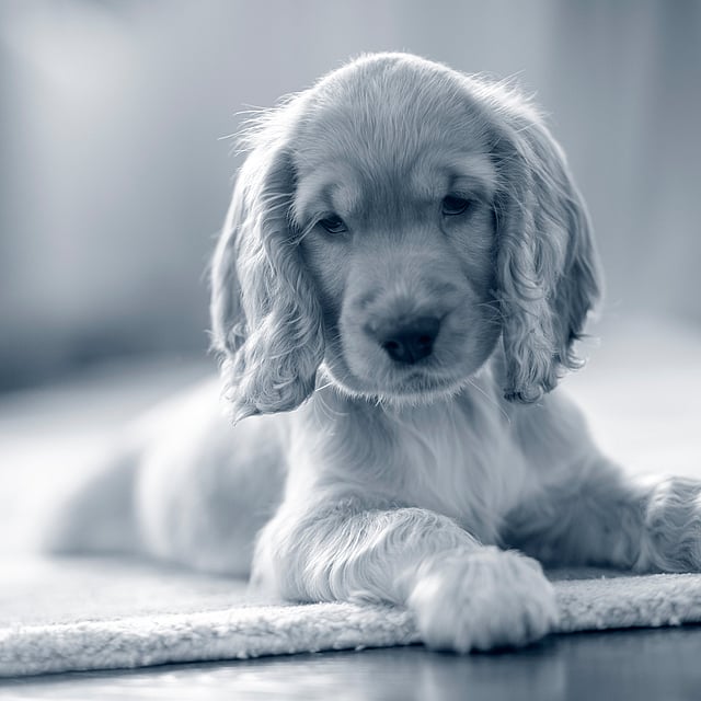 En Cocker Spaniel-valp litter på en matta.