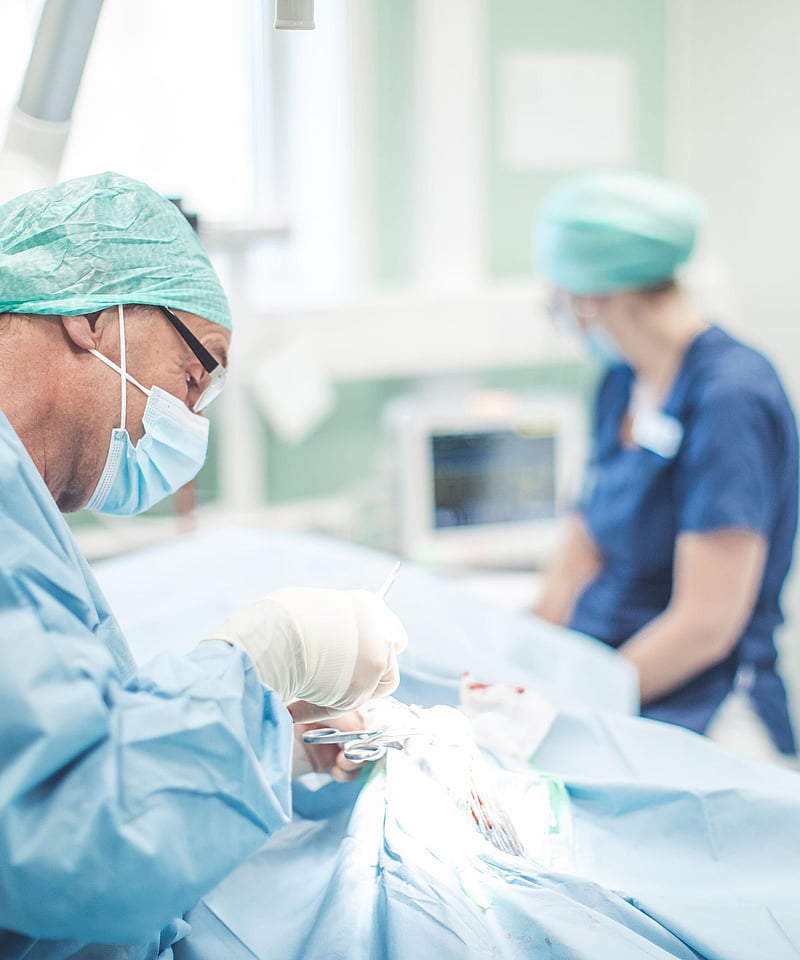 Operationssalen där två veterinärer jobbar i skyddskläder.