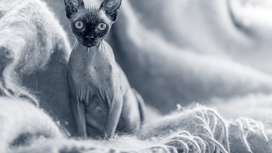 Katt står på en filt.