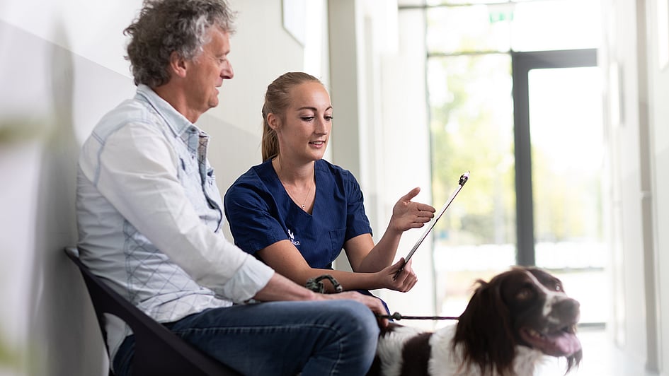 Manlig hundägare sitter i väntrummet och går igenom anteckningsjournalen tillsammans med en kvinnlig veterinär. Framför dem sitter en hund.