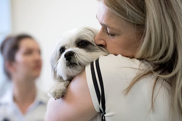 En blond kvinna håller och pussar på sin lilla ljusa hund.