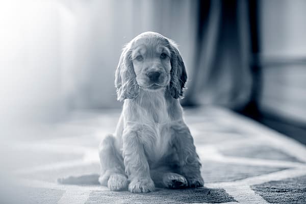 En Cocker Spaniel-valp sitter ner på en matta.