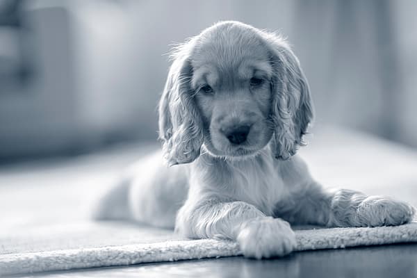En Cocker Spaniel-valp litter på en matta.