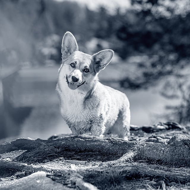 En corgi hund står utomhus med huvudet på sned