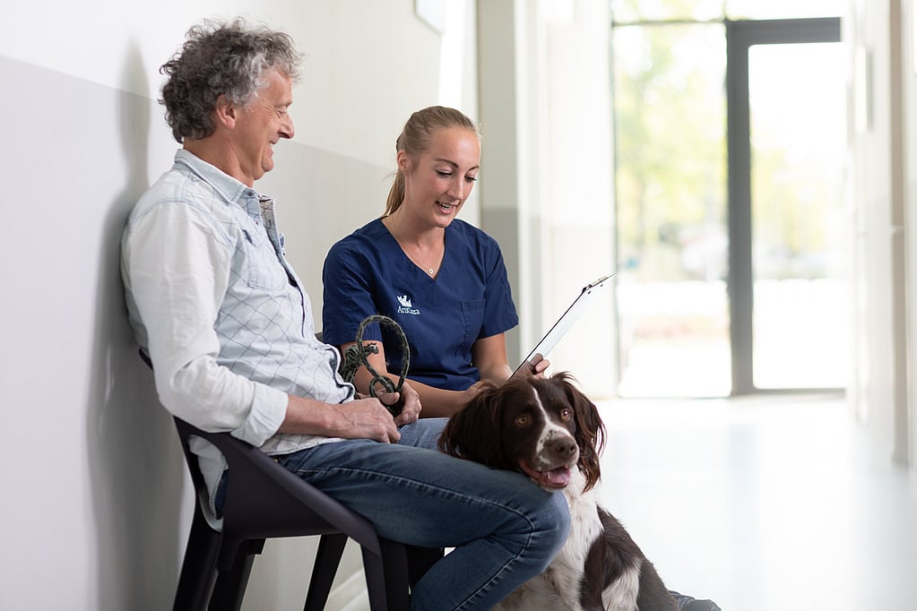 Kvinnlig veterinär sitter i väntrummet på ett djursjukhus och pratar med en manlig hundägare. På golvet framför dem står en stor hund.