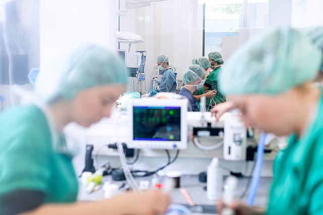 Operationssal där flera veterinärer arbetar.